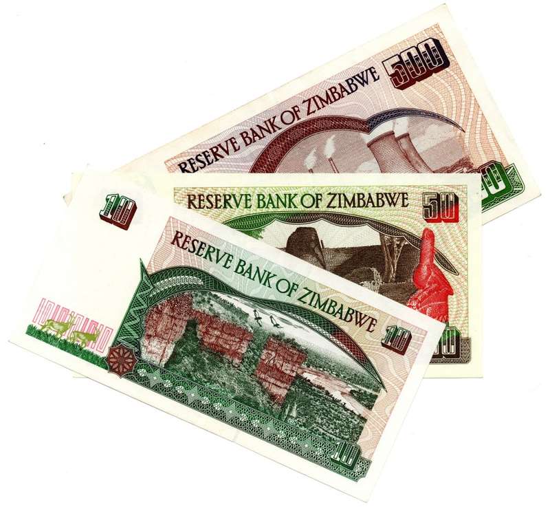 Zimbabwe 3 note lot, $10-$500
