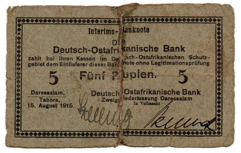 1915 German East Africa 5 Rupien, Signatures Hand written, Low Serial `00819` Pick#30, repaired