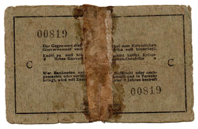 1915 German East Africa 5 Rupien, Signatures Hand written, Low Serial `00819` Pick#30, repaired