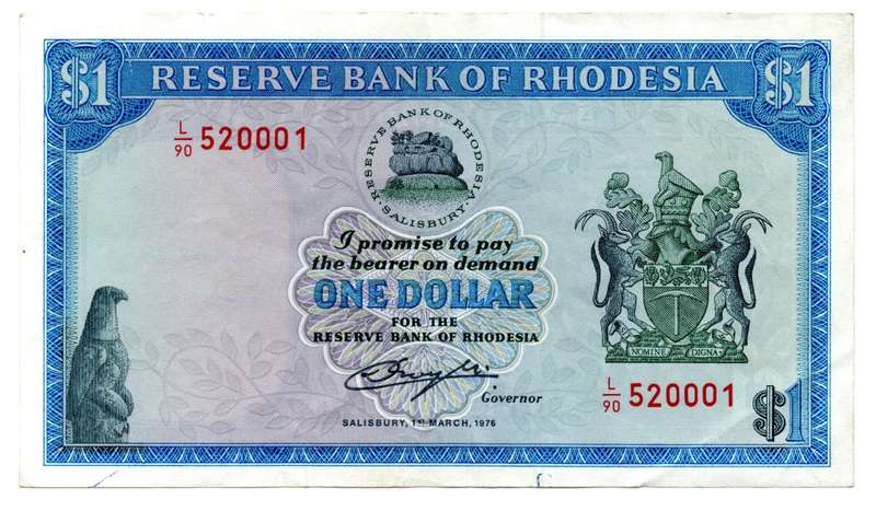 1976 Rhodesia 1 Dollar, cool serial `520001` Pick#34a