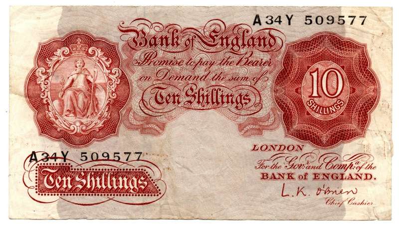 1955-60 Great Britain 10 Shillings Pick#368c bottom edge tear