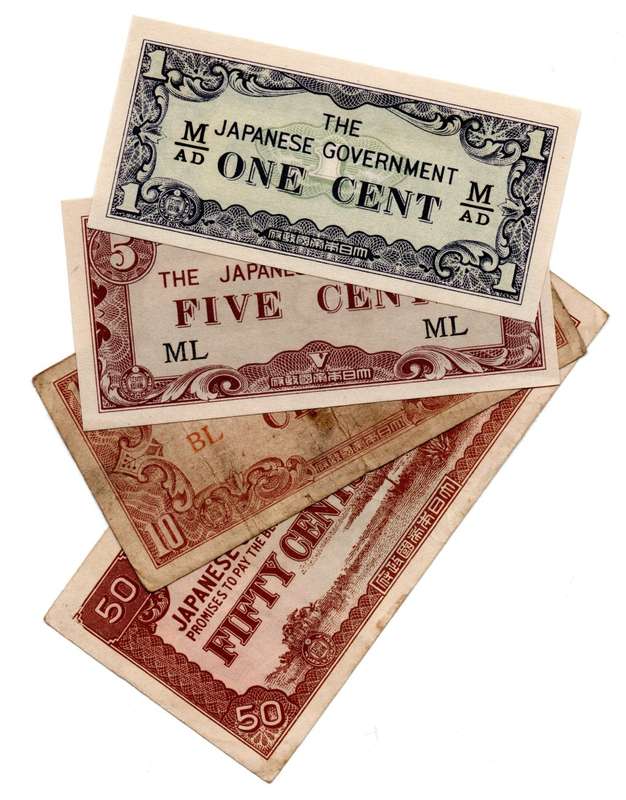 Complete Set of 1942 WWII Japanese Government Invasion money, 1, 5, 10 and 50 Cent
