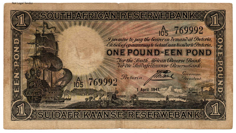 1941 South Africa Type 6 J Postmus Only Issue 1 Pound, tiny centre pinhole