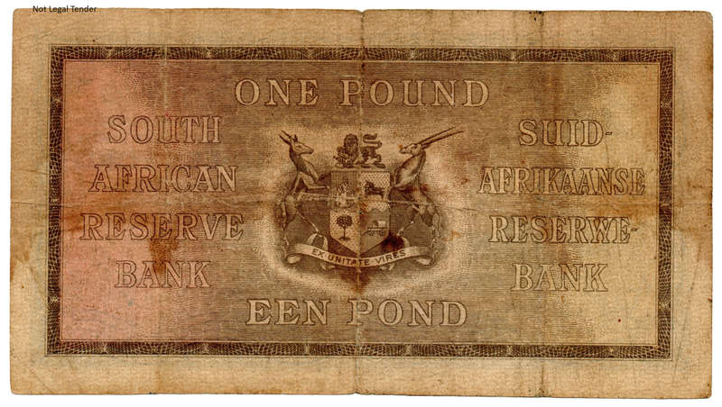 1941 South Africa Type 6 J Postmus Only Issue 1 Pound, tiny centre pinhole