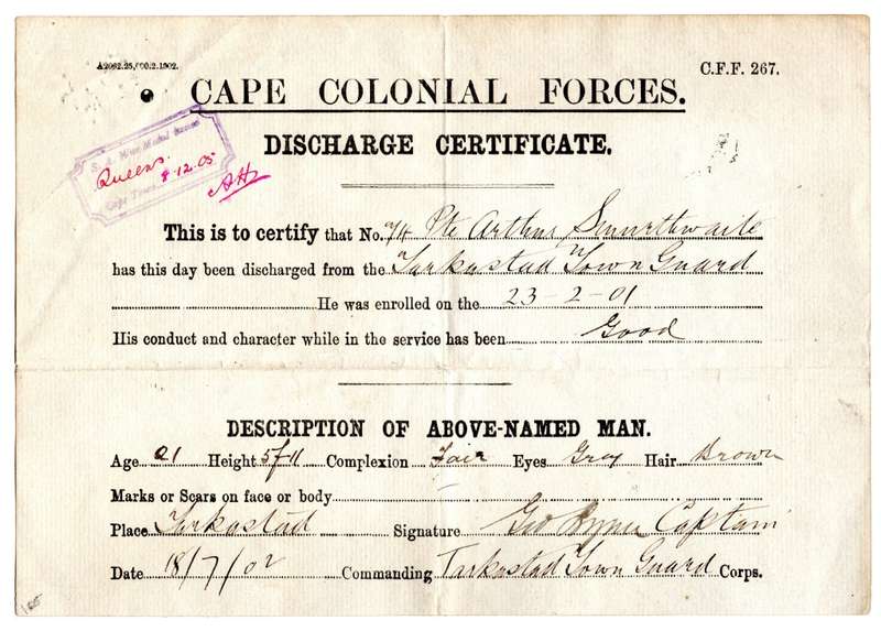 1901 Tarkastad Cape Colonial Forces Discharge Cetificate, #74 Private P/te Arthur Smurthwaite
