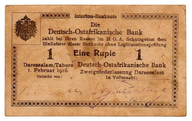 1916 German East Africa 1 Rupie, Tebora Series B2 Pick#19