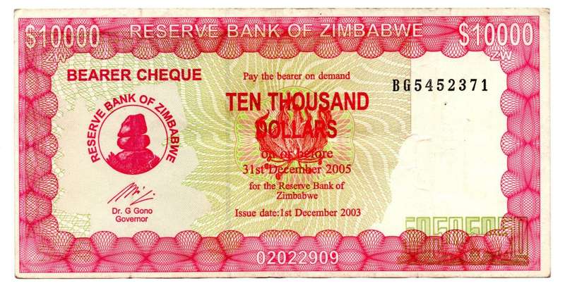 2003 Zimbabwe Emergency Bearer Check $10 000 Pick#22d
