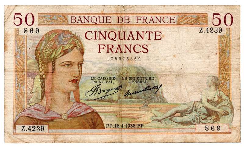 1936 France 50 Francs Pick#81 edge tears, 24 tiny staple holes