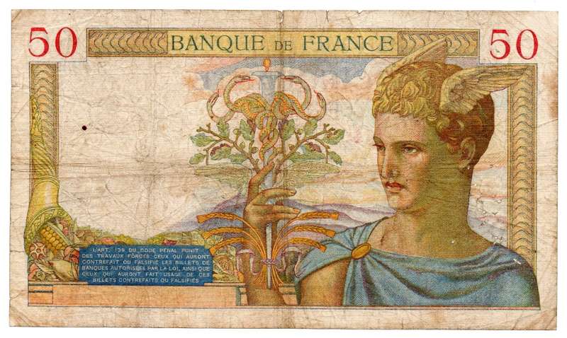 1936 France 50 Francs Pick#81 edge tears, 24 tiny staple holes