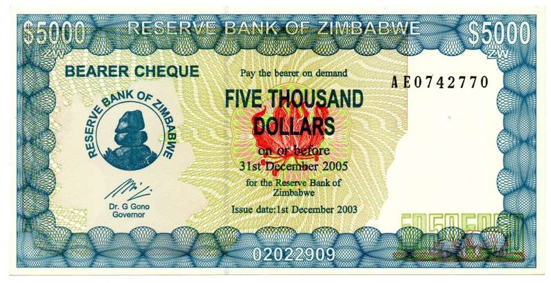 2003 Zimbabwe Emergency Bearer Check $5 000 Pick#21d