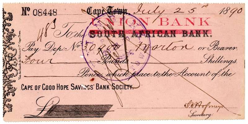 25 July 1890 Cape Of Good Hope Savings Bank Society Union Bank, 4 Pounds Cheque, Signatur and Ink St