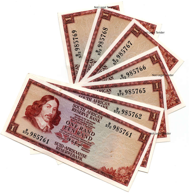 Lot of 9 x Consecutive 1975 South Africa Consecutive Type 11 TW De Jongh R1`s `985761 to 985769`
