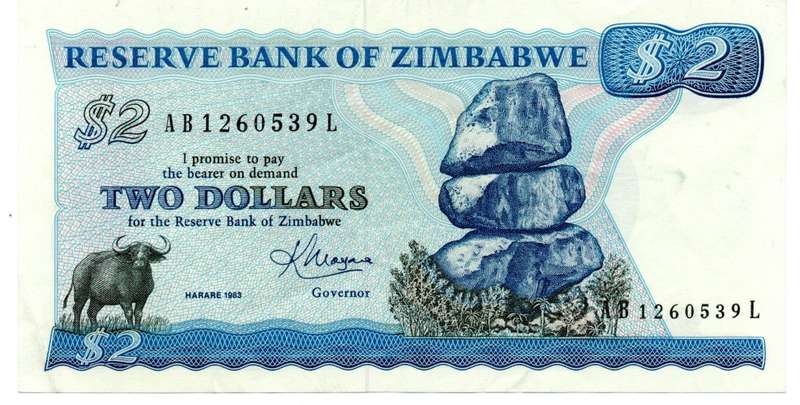 1983 Zimbabwe $2 Pick#1b left corner fold and minor top edge creasing