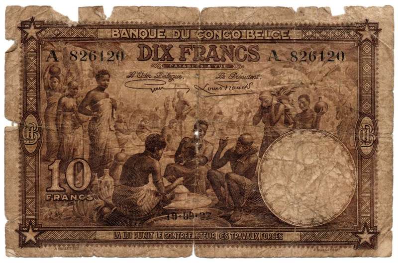 1937 Belgian Congo 10 Francs filler Pick#9 edge tears, centre fold holes, watermark hole