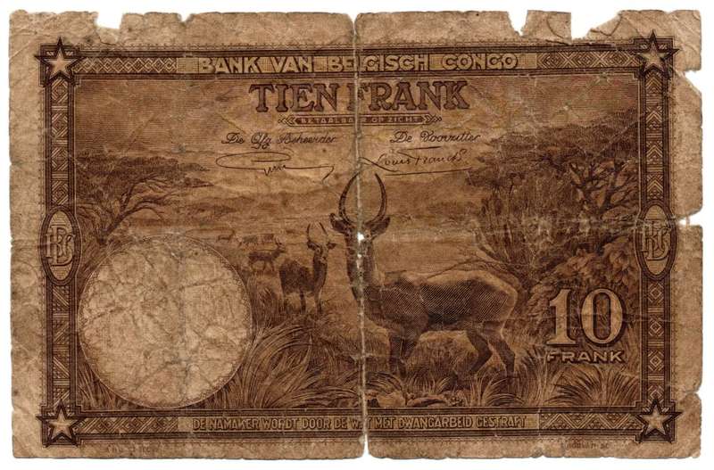 1937 Belgian Congo 10 Francs filler Pick#9 edge tears, centre fold holes, watermark hole