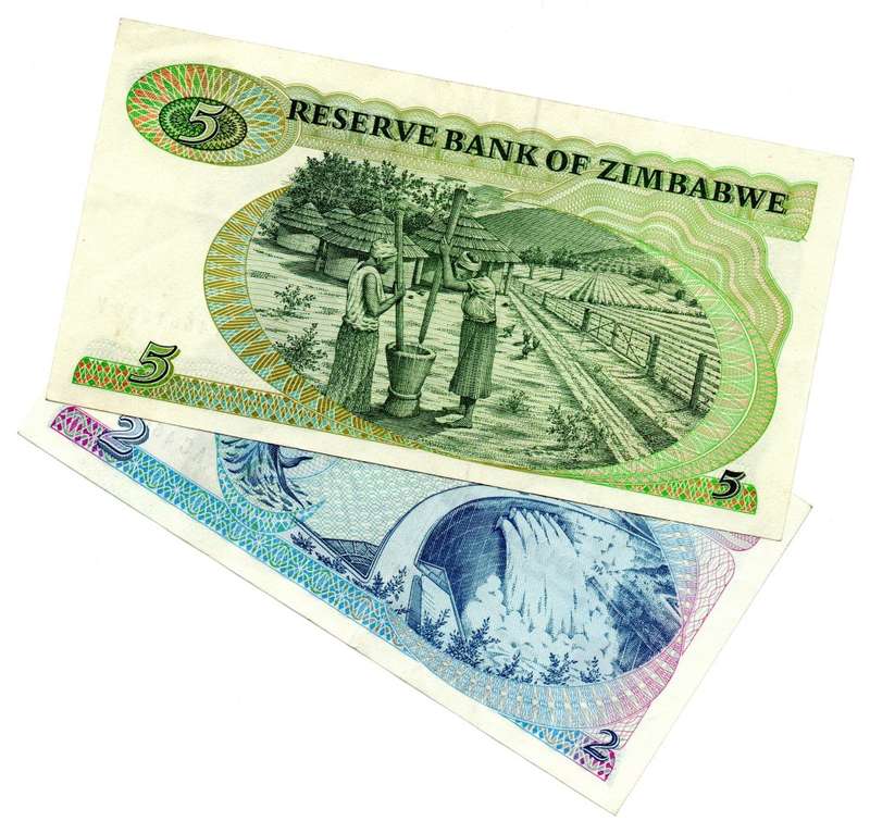 1994 Zimbabwe $2 and $5 Pair Pick#1c, 2e (watermark Type B)