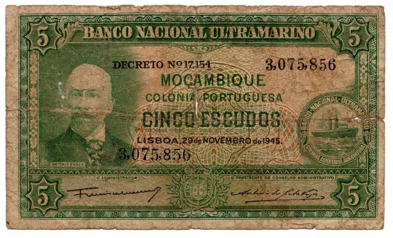 1945 Mozambique Filler 5 Escudos Pick#94, center and right edge tear and over portrait