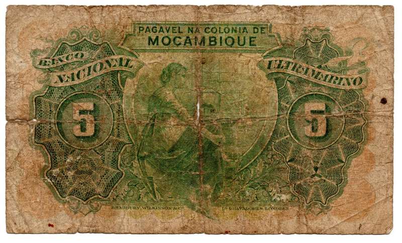 1945 Mozambique Filler 5 Escudos Pick#94, center and right edge tear and over portrait