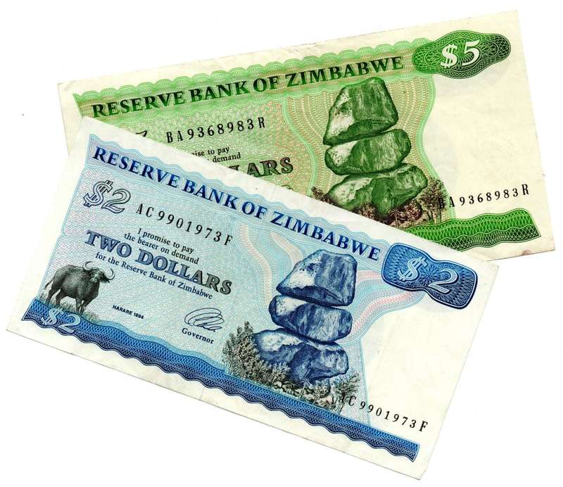 1994 Zimbabwe $2 and $5 Pair Pick#1c, 2e (watermark Type B)