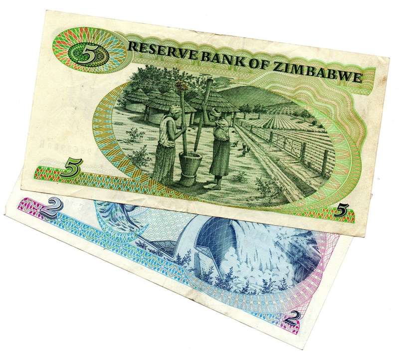 1994 Zimbabwe $2 and $5 Pair Pick#1c, 2e (watermark Type B)