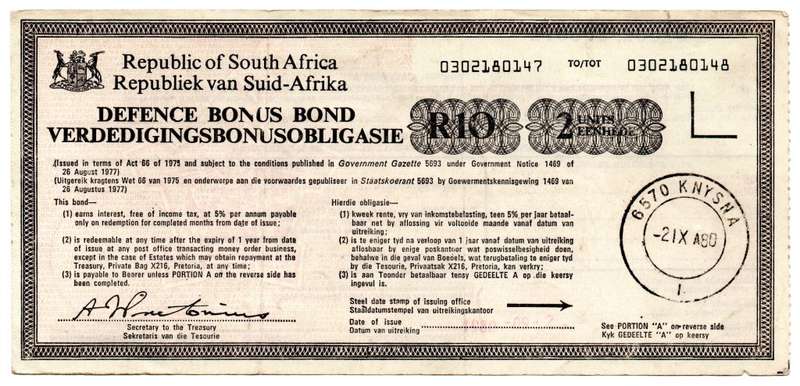 1982 South Africa R10 Defense Bonus Bond, Knysna Stamp, `Peter Farrant Ramsden` fold