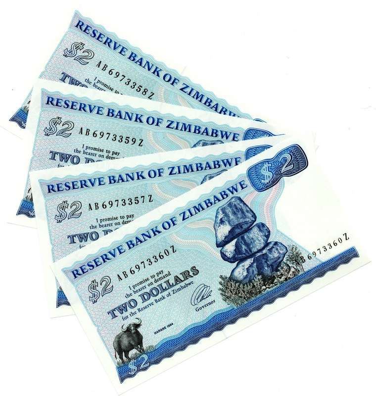 4 x Consecutive 1994 Zimbabwe $2`s Type A (Short Neck Watermark) Signature 3 `AB6973357 to AB6973360