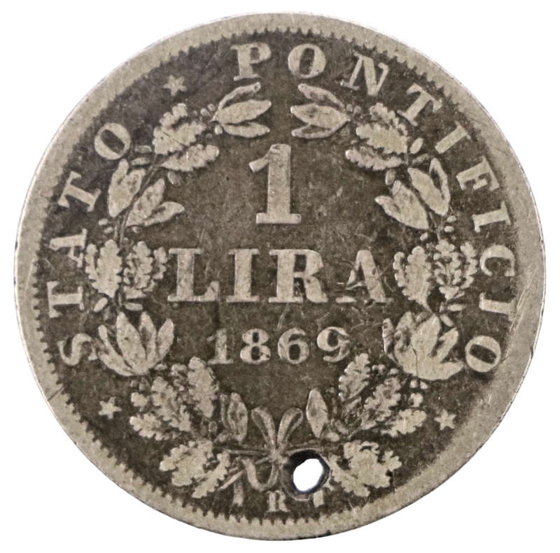 1869 Papal States  1 Lira .835 Silver KM#1387, holed
