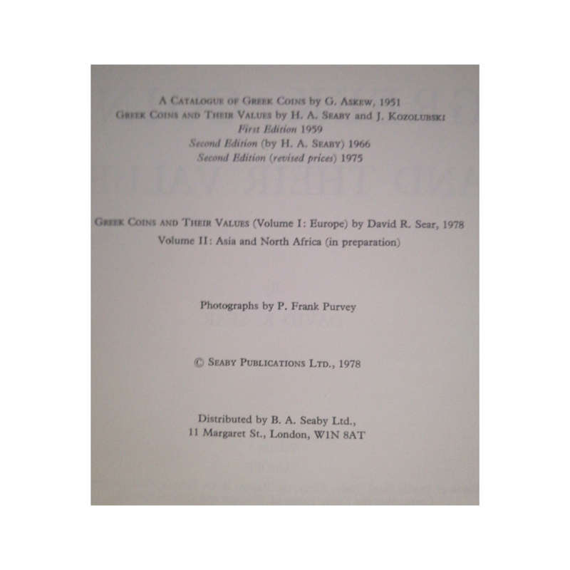 1978 Greek Coins And Their Values- Volume 1 Europe by David R. Sear Hardcover w/ Dustjacket