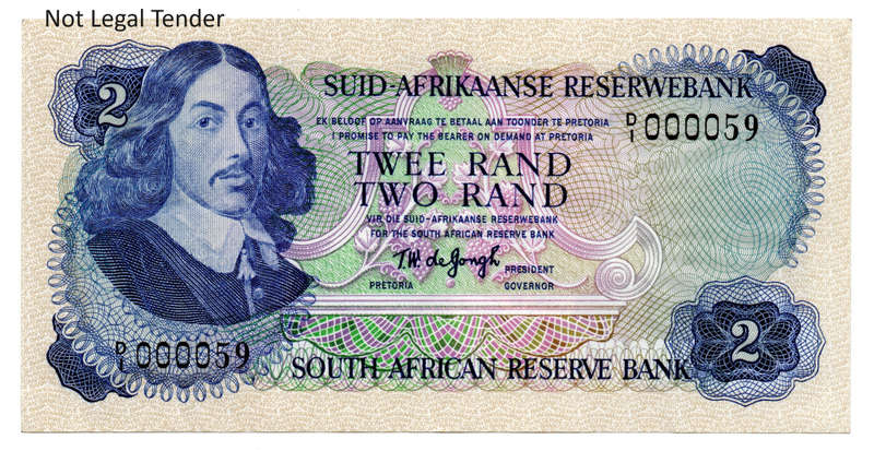 1974 South Africa TW De Jongh Type 5 Second Issue R2, Low Serial `D1 000059`