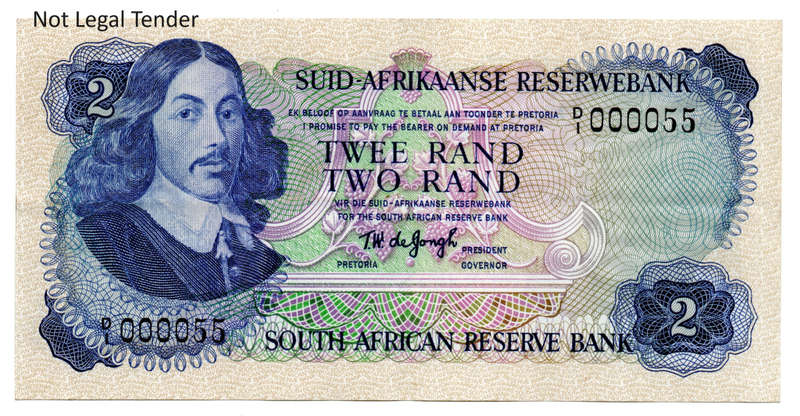 1974 South Africa TW De Jongh Type 5 Second Issue R2, Low Serial `D1 000055`