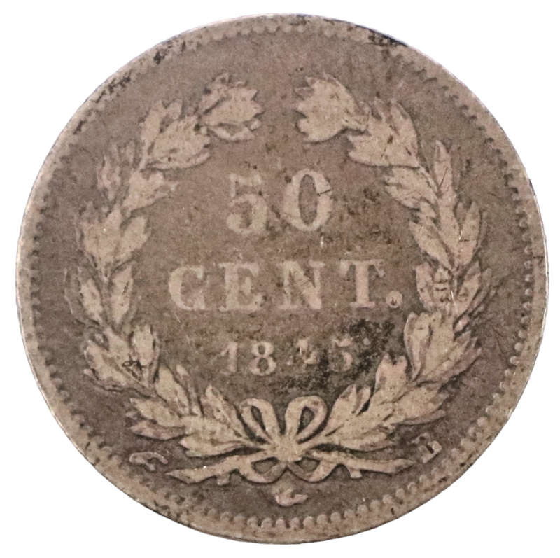 1845-B France (Rouen mint) Jacques-Jean Barre Mint mark, 50 Centimes .900 Silver KM#768.2