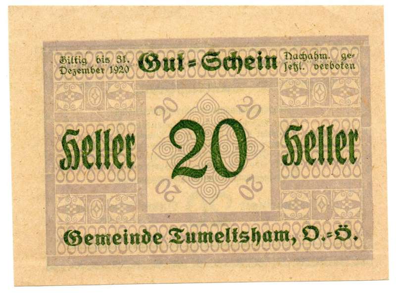 Error 1920 Austria Tumeltsham 20 Heller Slight off centre cut