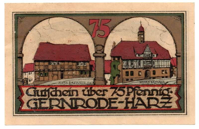1921 German City of Gernrode im Harz (Federal state of Anhalt) Weimar Republic 75 Pfennig Local issu