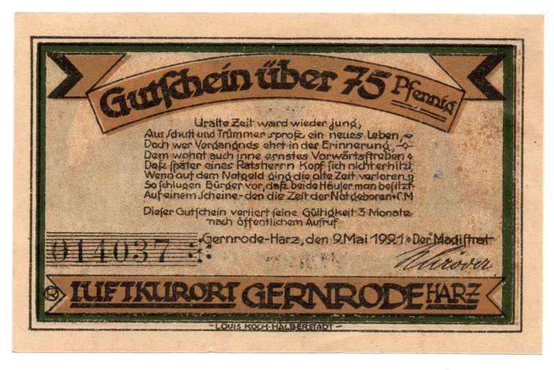 1921 German City of Gernrode im Harz (Federal state of Anhalt) Weimar Republic 75 Pfennig Local issu