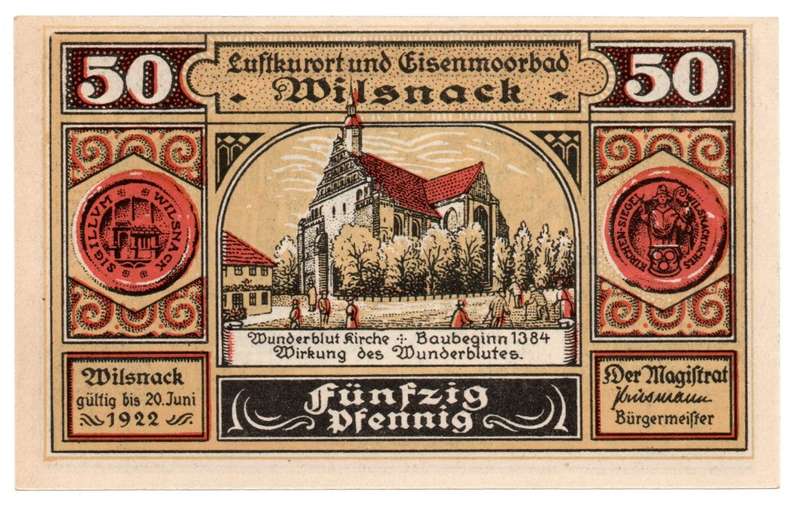 1922 German City of Wilsnack (Prussian province of Brandenburg) Weimar Republic 50 Pfennig Local Iss