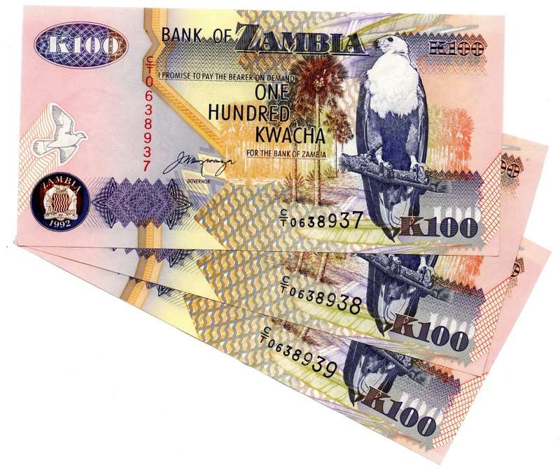 Lot of 3 x 1992 Consecutive Zambia 100 Kwacha Signature 11 "CT0638937 to CT0638939" Pick#38b