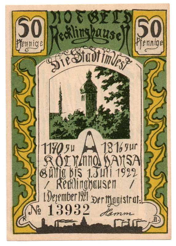 1922 German City of Recklinghausen (Prussian Province of Westphalia) 50 Pfennig Recklinghausen