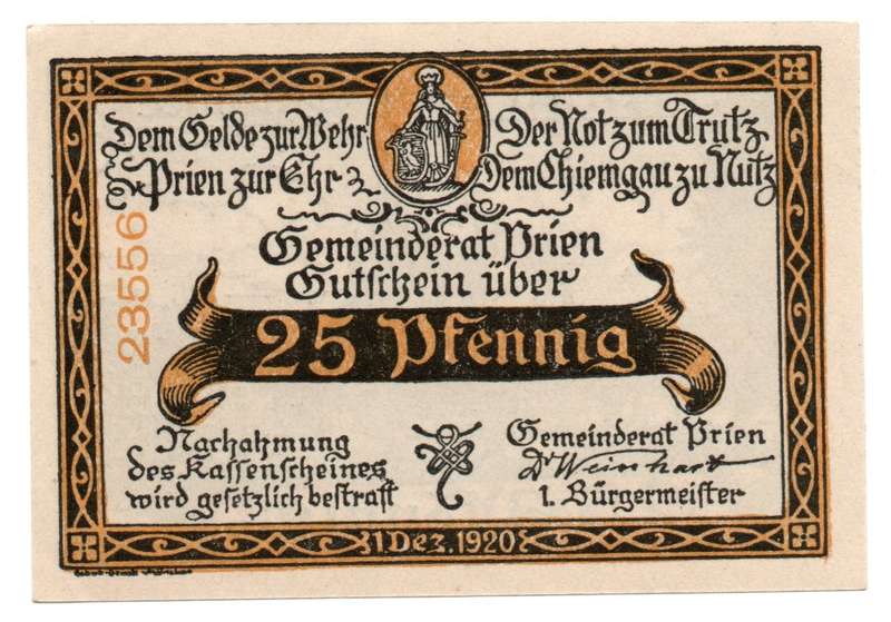1920 Germany Market Town of Prien (Federal state of Bavaria) Weimar Republic 25 Pfennig Local Issue