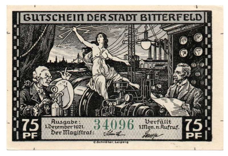 1921 German City of Bitterfeld (Prussian province of Saxony) Weimar Republic 75 Pfennig