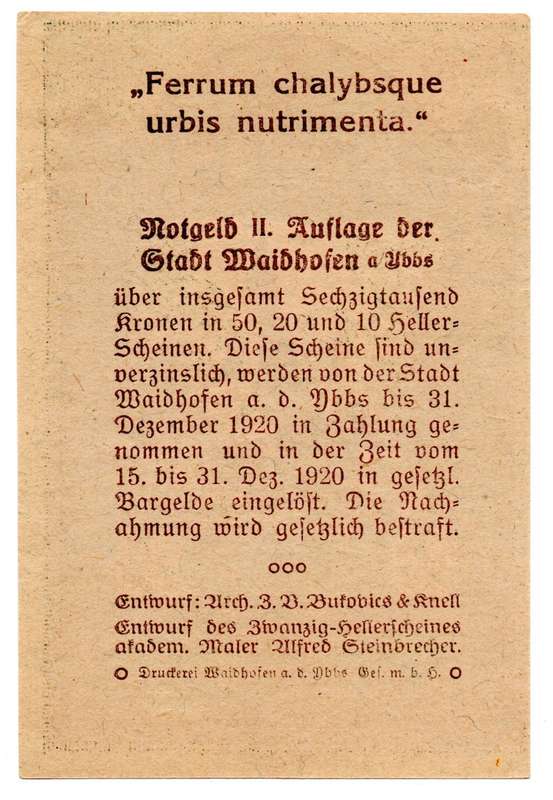 Error 1920 Austria City of Waidhofen 50 Heller off centre cut