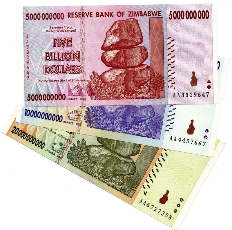 Set of 2008 Zimbabwe AA Series 5 to 20 Billion Dollars
