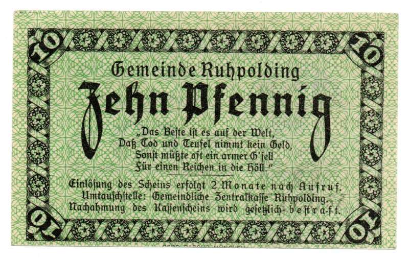 1920 German  Municipality of Ruhpolding (Federal state of Bavaria) Weimar Republic 10 Pfennig Local