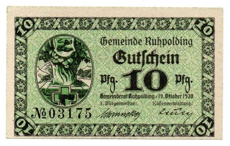 1920 German  Municipality of Ruhpolding (Federal state of Bavaria) Weimar Republic 10 Pfennig Local
