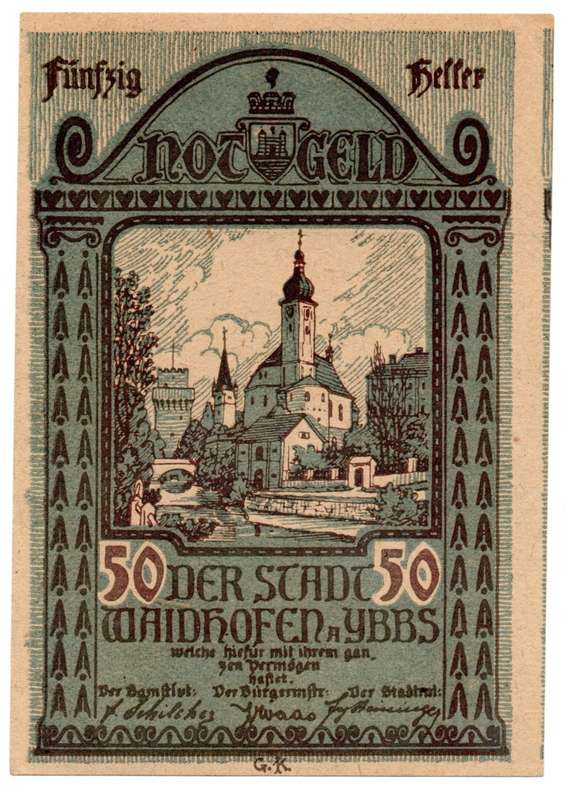 Error 1920 Austria City of Waidhofen 50 Heller off centre cut (Second notes edge visible on right)