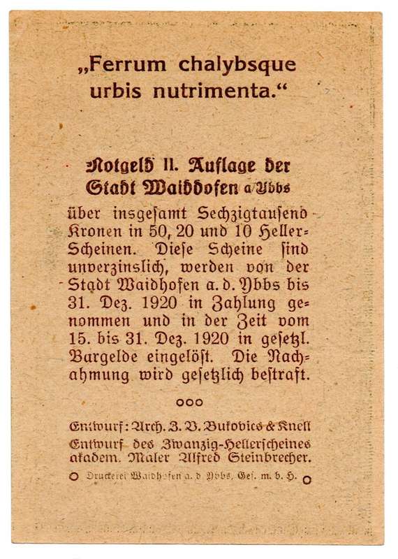 Error 1920 Austria City of Waidhofen 50 Heller off centre cut (Second notes edge visible on right)
