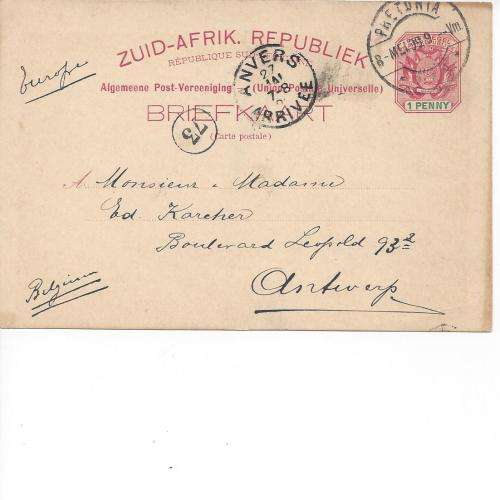 1899 TRANSVAAL/ZAR PS POSTCARD 1d. CANCELLED PRETORIA 8 MAY 1899 TO ANVERS