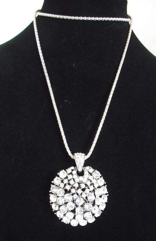 Round Silver Tone Rhinestone Pendant Necklace