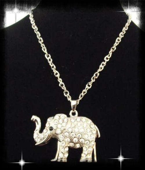 Lovely Silver Tone Rhinestone Elephant Pendant Necklace