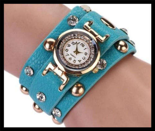 TURQUOISE Punk Crystal Studs Wrap Faux Leather Bracelet Wrist Watch
