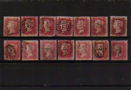 GB.QVIC.1854-57.FINE USED.1dRED STARS MOST ARE DIE II,SOME WITH BLUISH PAPER.AS PER SCAN.CAT R1660